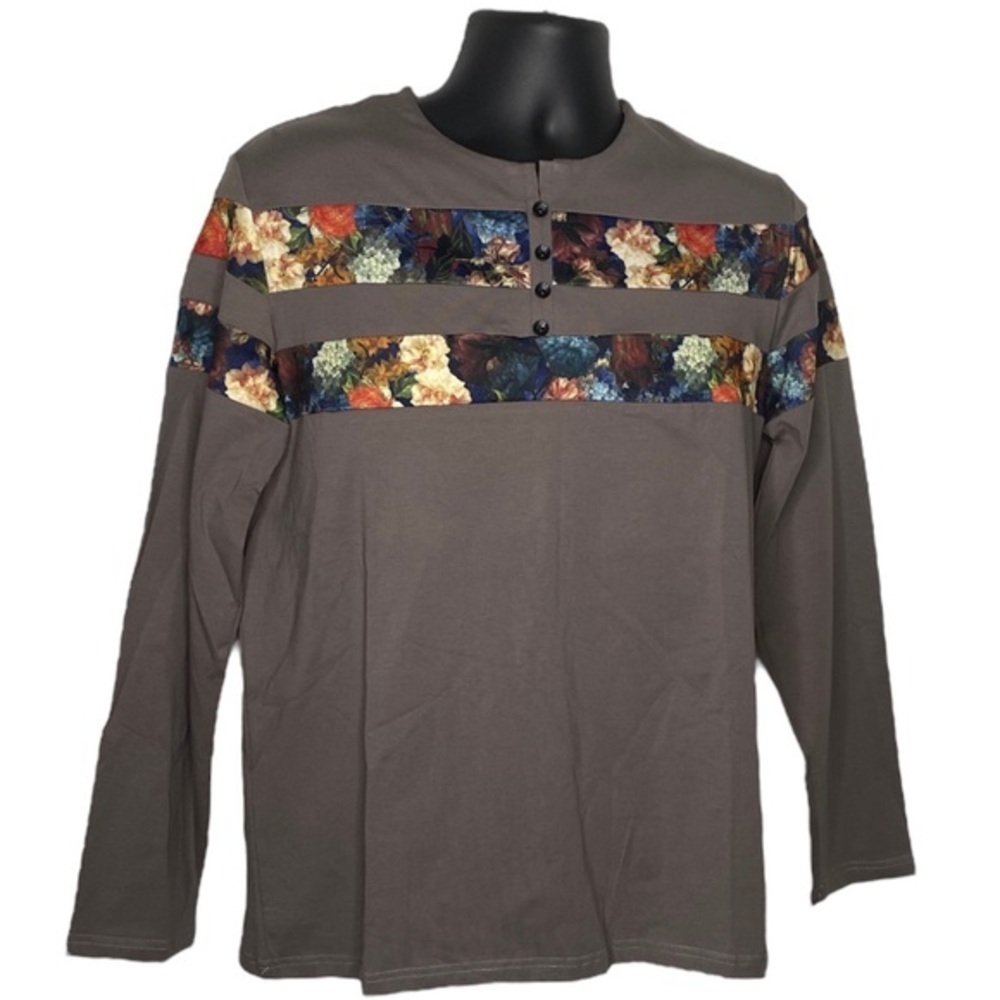 Zuo Qing Long Floral Print Panel Long Sleeve Shirt (Size:XXXL, Color:Gray/Multi)